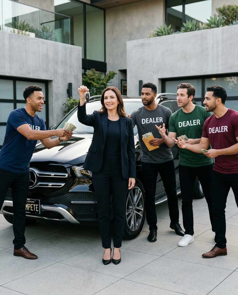 Seller beside a premium car using a phone