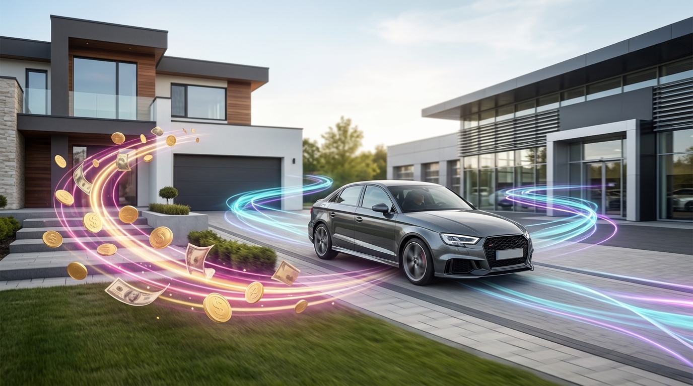 Car flow from seller home to dealer with value returning